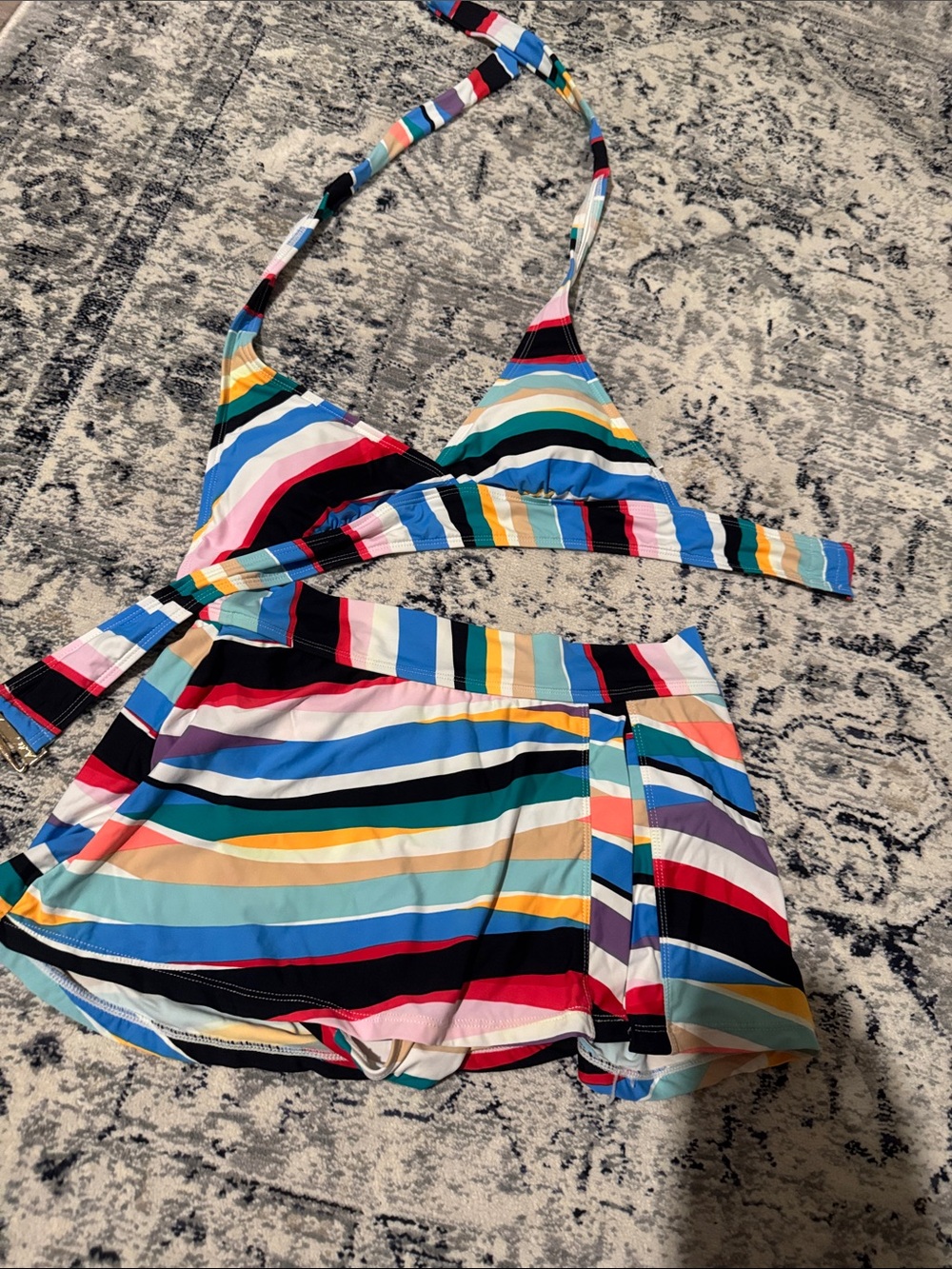 Anne Cole Multi-Stripe Halter 2 Piece Swim Dress - Blue, Pink, Yellow, Black